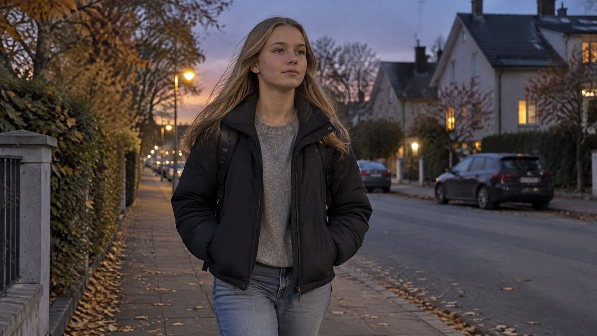 Tonåring som går hem på en villagata i skymningen